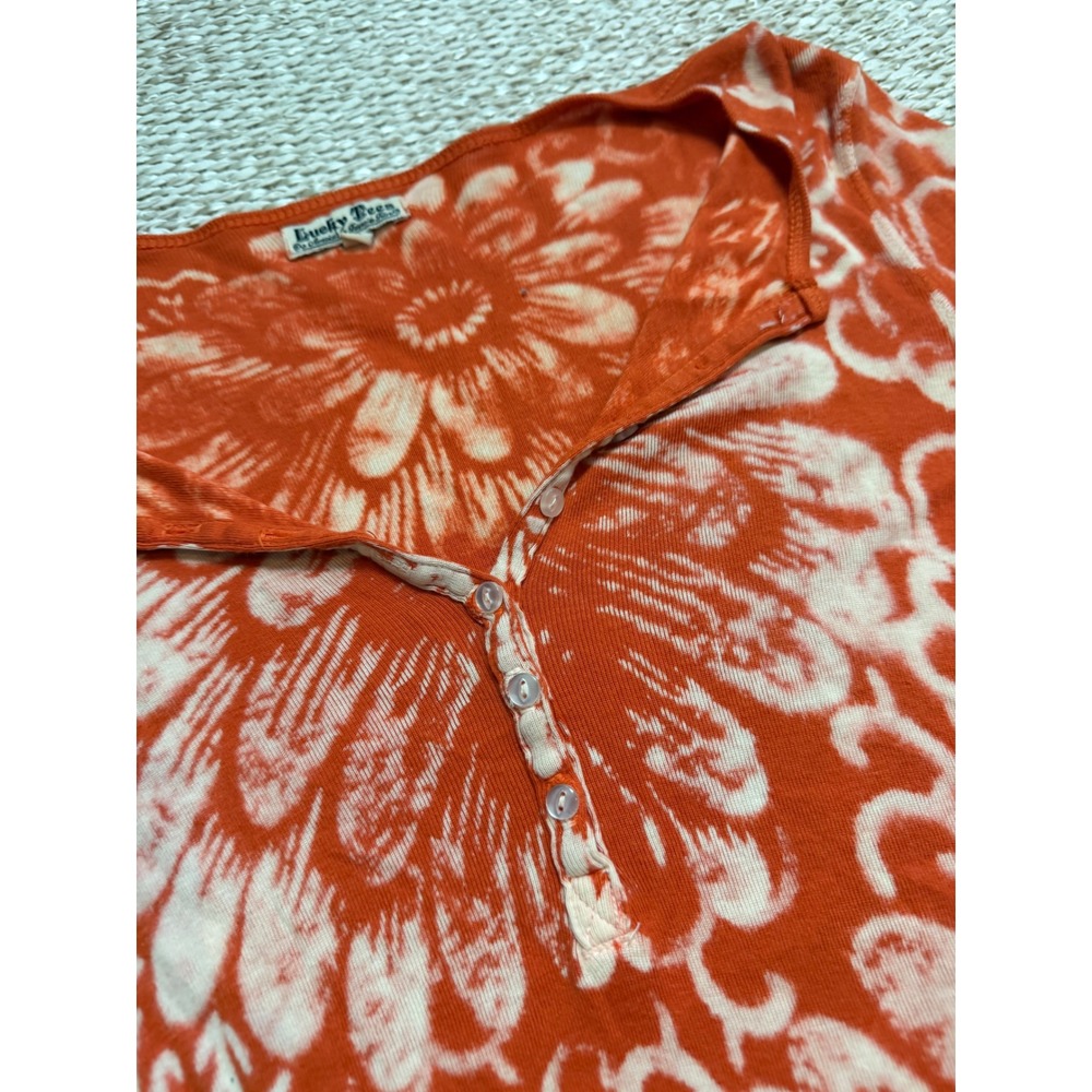 Lucky Brand Lucky Tees Orange Floral Ribbed Henley Long Sleeve Top y2k vinatge M - Picture 2 of 6